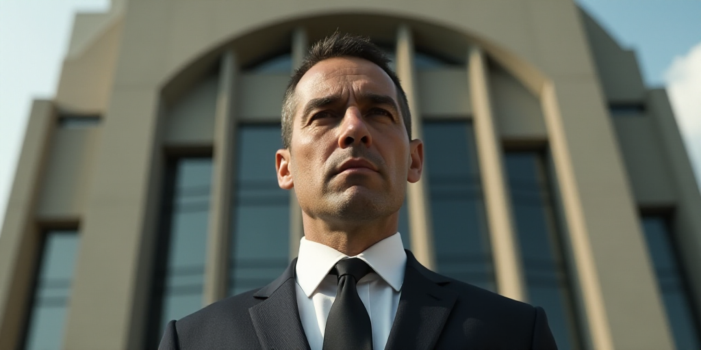 a close up of a person wearing a suit and tie with a building in the background and a circular windo