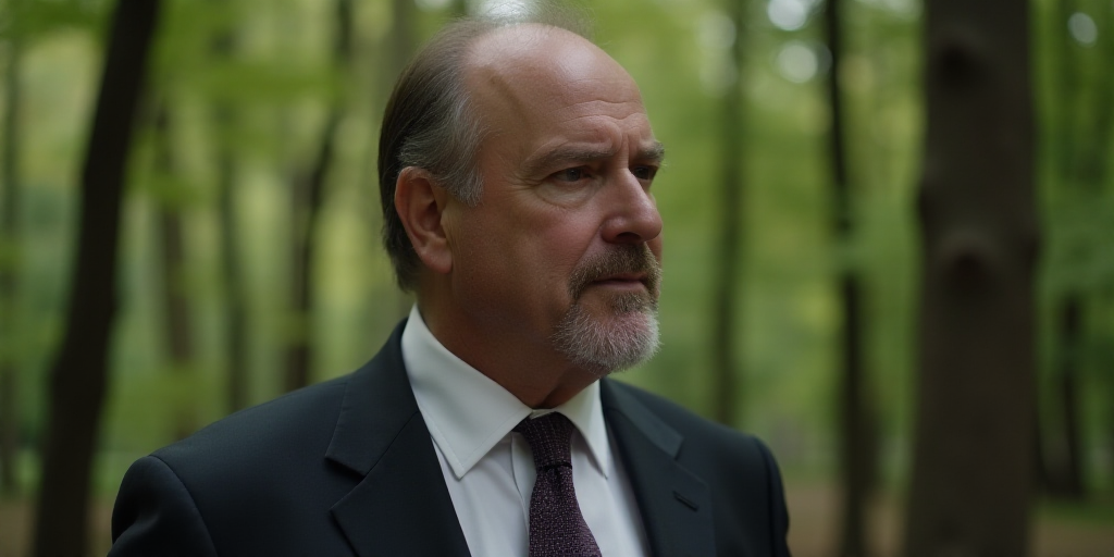 a close up of a person wearing a suit and tie with trees in the background and a blurry background,