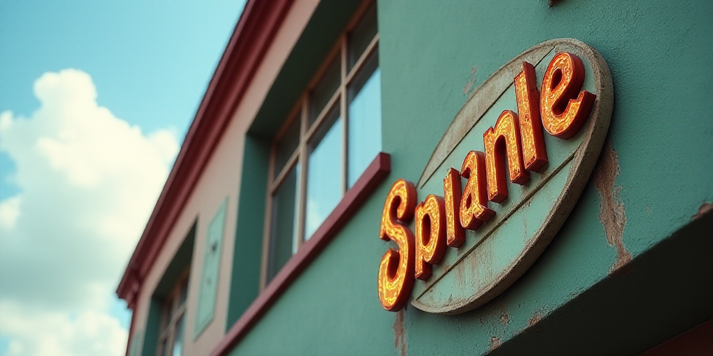 a close up of a sign on a building with a window in the background and a sky background with clouds,
