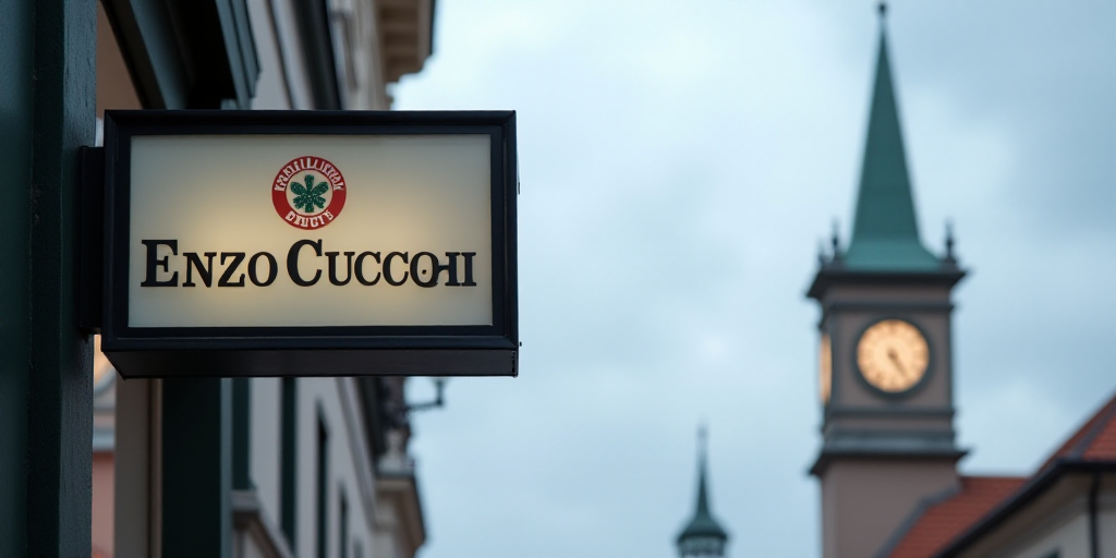 a close up of a sign on a building with a sky background and a building with a clock on it, Enzo Cuc