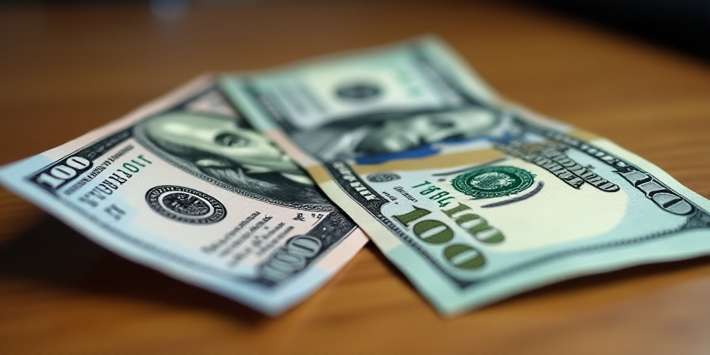 a close up of two different bills on a table with a wooden surface in the background, one of which i