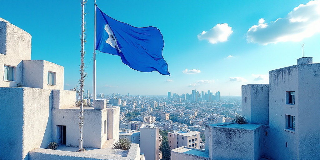 a collage of a city with a blue sky and a blue and white flag and a blue and white building, Carlos