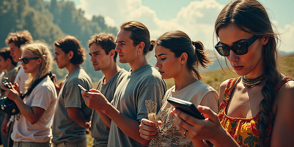 a collage of a group of people with a cell phone in their hand and a collage of images of people wit