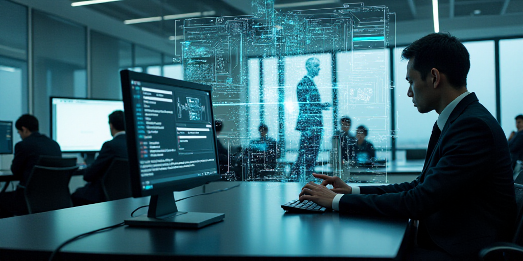 a collage of people in a room with a computer and a phone in it and a man in a suit, Ai-Mitsu, cyber