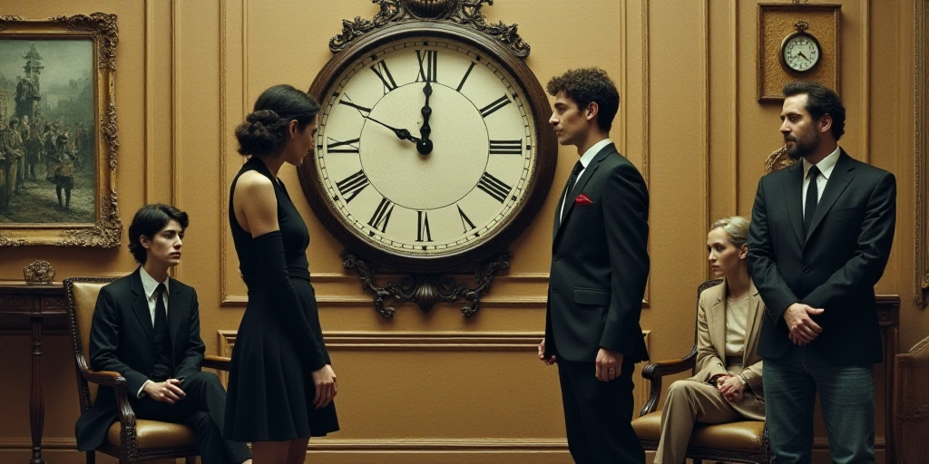 a collage of people in a room with a clock and a woman in a black dress and a man in a suit, Araceli