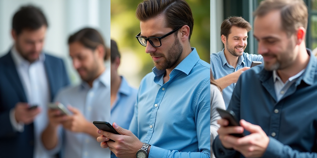 a collage of people using cell phones and cell phones in various pictures, including a man in a blue