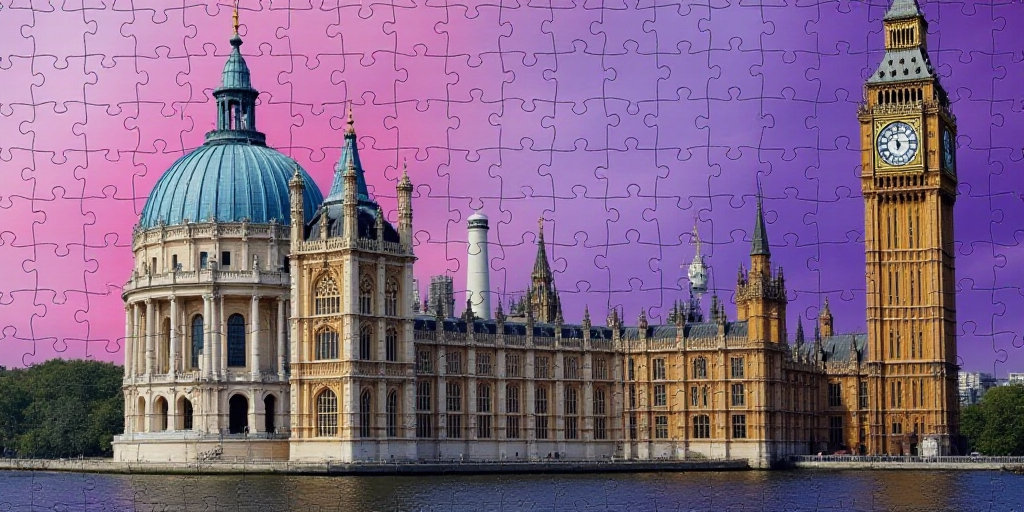 a collage of photos of a building and a clock tower with a purple background and a purple background