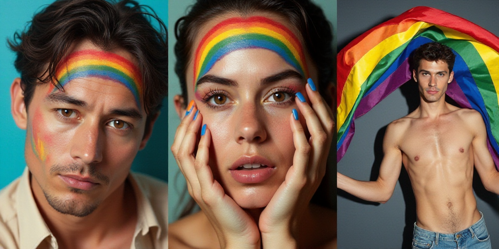a collage of photos of a man and woman with rainbow painted on their faces and hands, and a woman ho