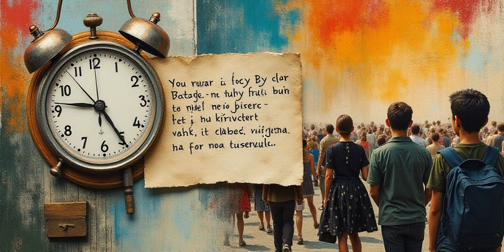 a collage of photos with a clock and a paper with a word on it and a picture of a crowd of people, B