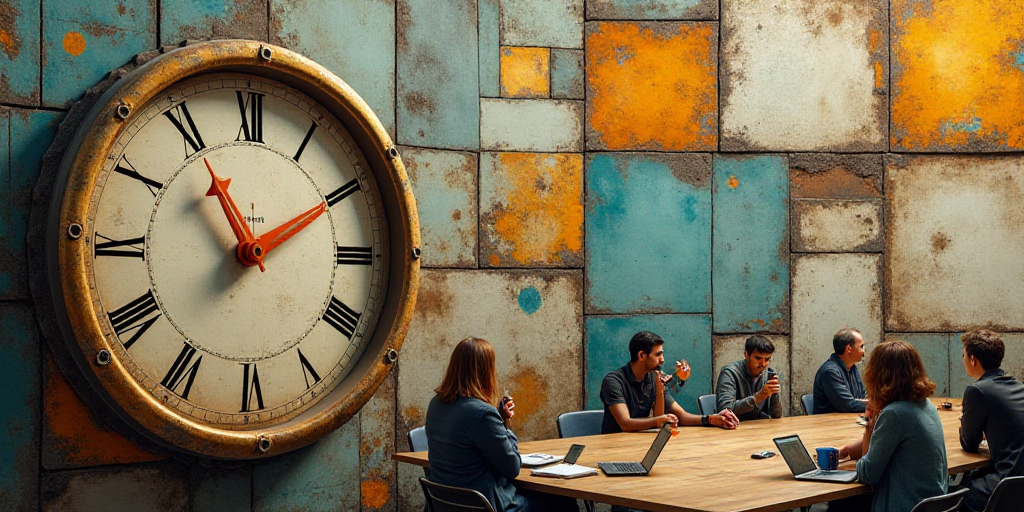 a collage of photos with a clock and people in the background and a photo of a meeting room, Aquirax