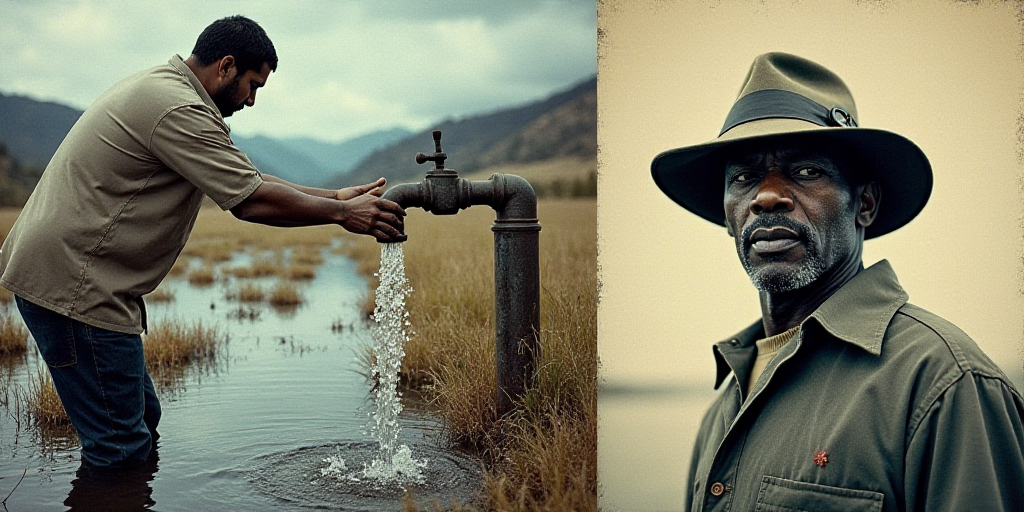 a collage of photos with a man watering water from a faucet and a man with a hat on, David LaChapell