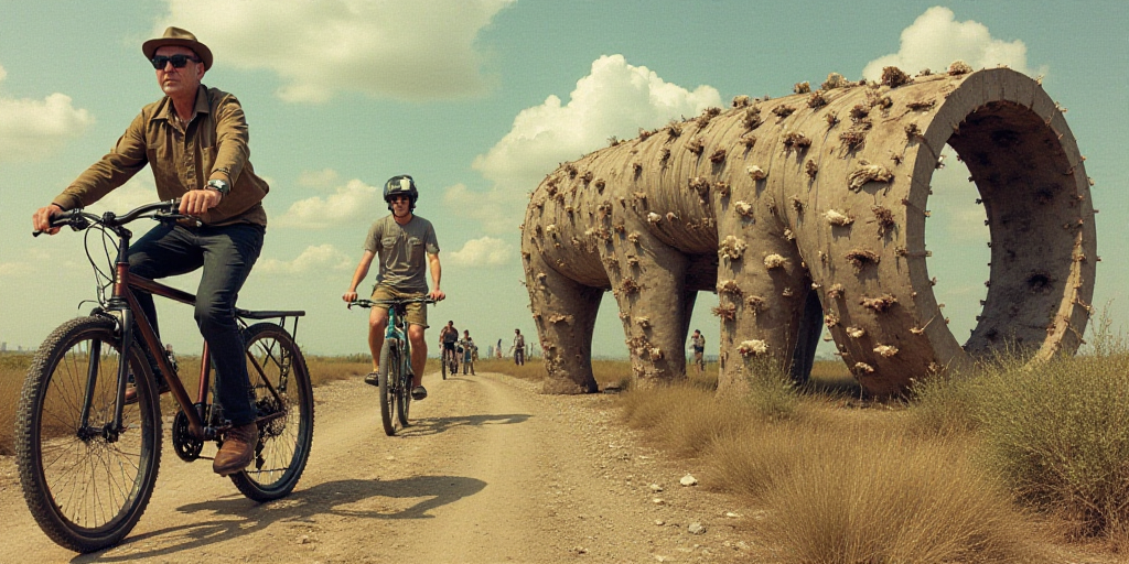 a collage of photos with people and animals in them and a man on a bike in the background, Buckminst