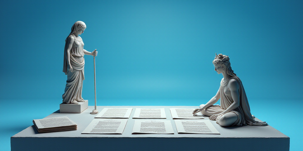 a collection of papers and a statue on a table with a blue background and a blue background with a w