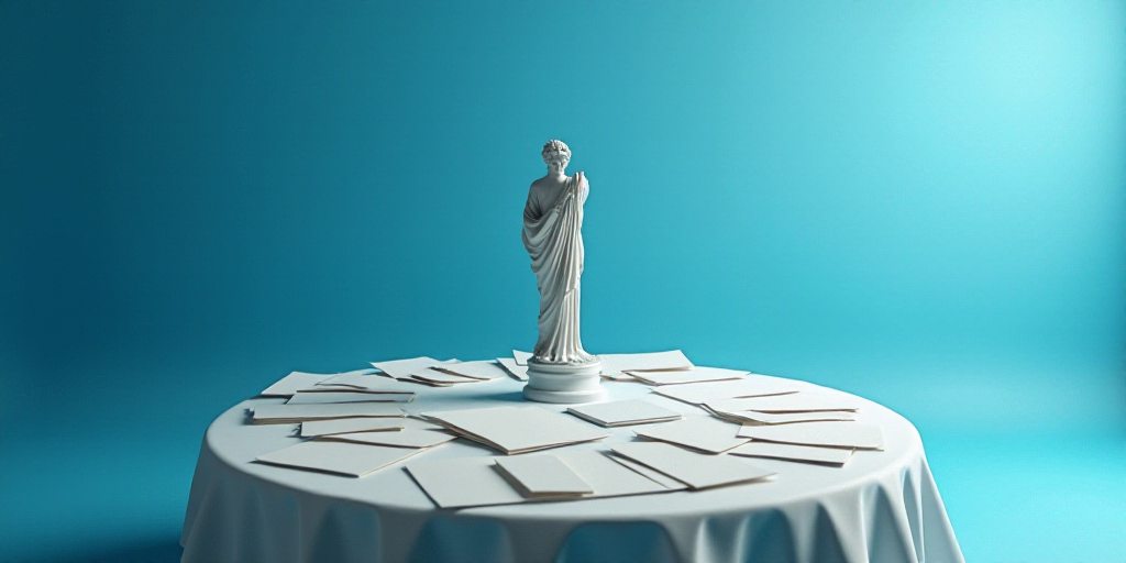 a collection of papers and a statue on a table with a blue background and a blue background with a w