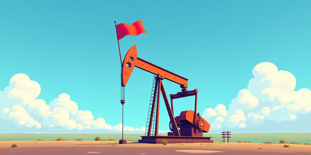 a colorful oil pump with a flag on top of it and a blue sky in the background with clouds, Dahlov Ip