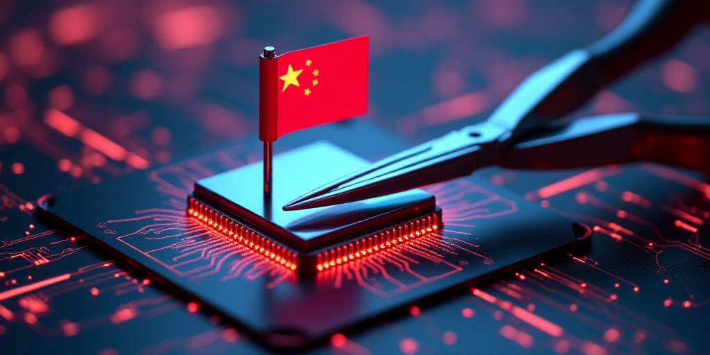 a computer chip with a flag on it being sold by a pair of scissors on top of it with a flag on the c