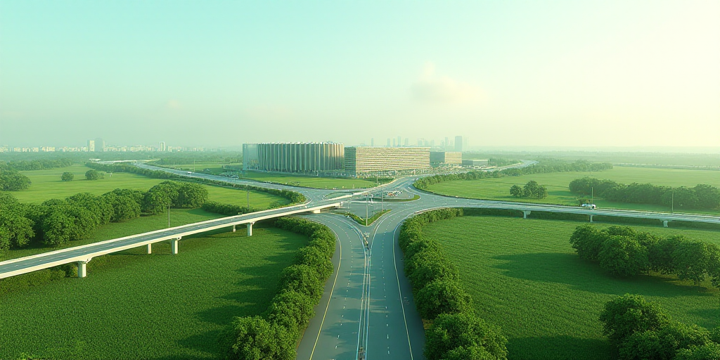 a computer rendering of a highway intersection with a building in the background and a green field i