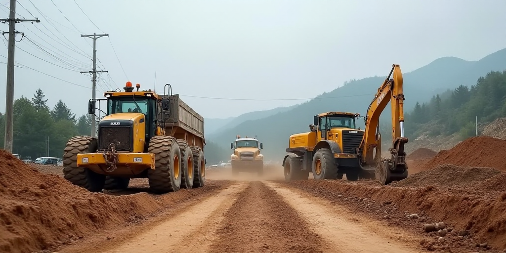 a construction site with a bulldozer and a truck in the background and a construction crew in the fo