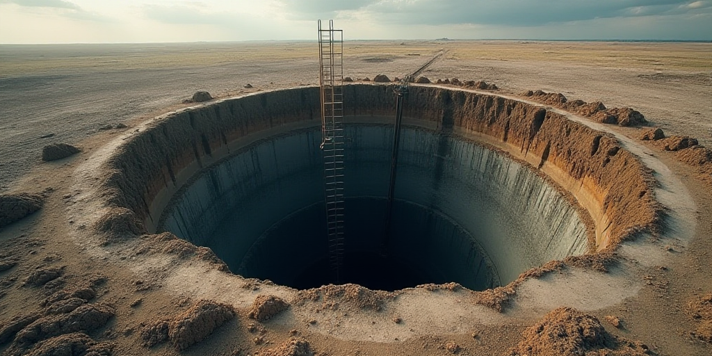 a construction site with a large hole in the ground and a ladder in the middle of the ground and a l