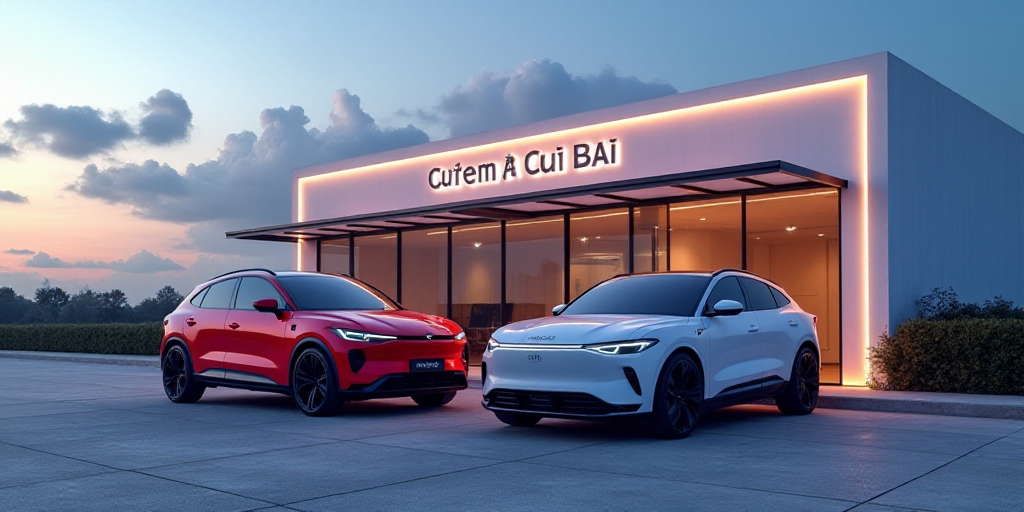 a couple of cars parked in front of a building with a sky background and a sign that says geely, Cui
