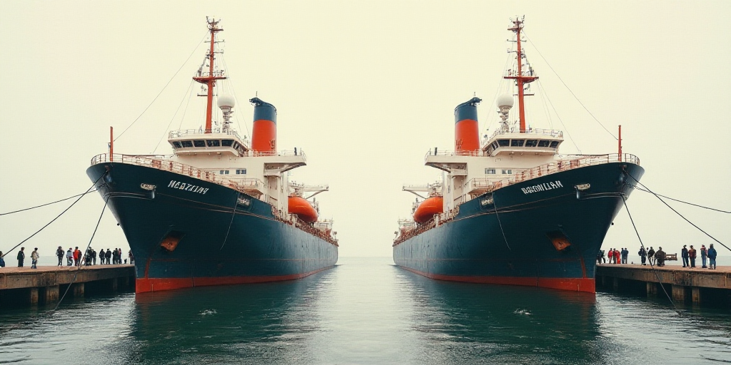 a couple of large boats sitting next to each other on a pier with people standing on the deck of the