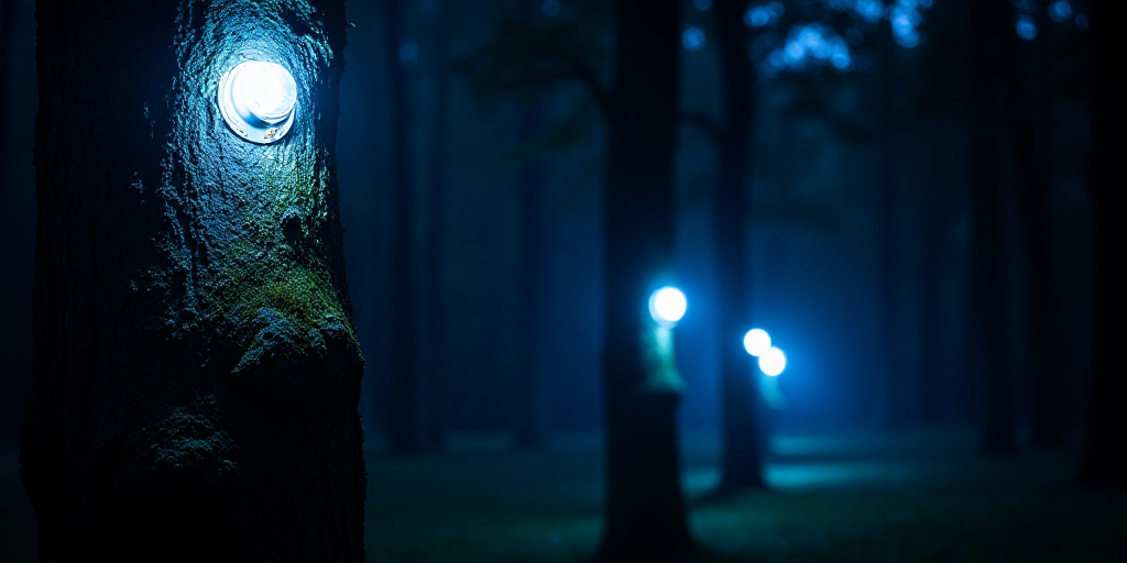 a couple of lights that are on a tree in the dark night time time, with a blue light shining on the