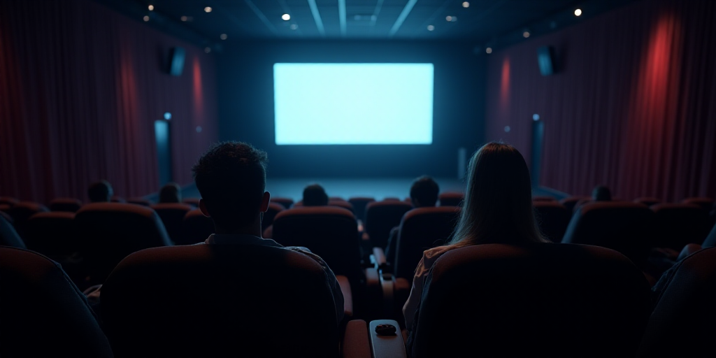 a couple of people sitting in a movie theater watching a movie on a screen with a projector screen,