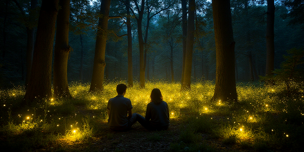 a couple of people sitting on a forest floor next to a forest filled with yellow fireflies and trees