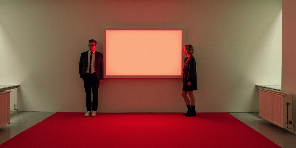 a couple of people standing next to a sign on a wall in a room with red carpeting and a red carpet,