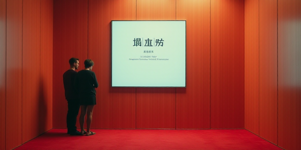 a couple of people standing next to a sign on a wall in a room with red carpeting and a red carpet,