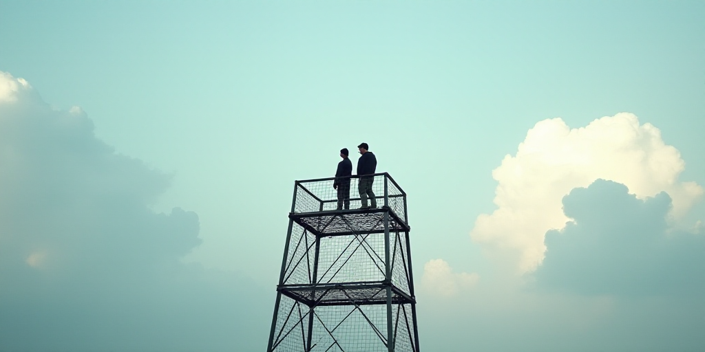 a couple of people standing on top of a metal structure with a sky background and clouds in the back