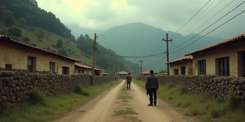 a couple of people standing on a dirt road next to a building and a hill side with a few trees, Estu