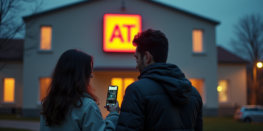 a couple of people that are looking at a cell phone together in front of a building with a at sign,