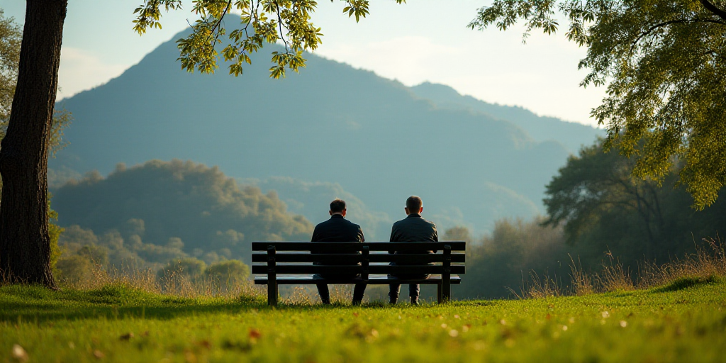 a couple of people that are sitting on a bench in the grass and trees and a mountain behind them, Bo