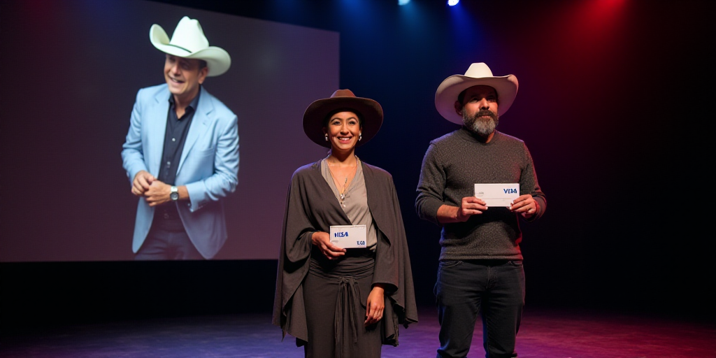 a couple of people that are standing up on a stage with a visa card in front of them and a picture o