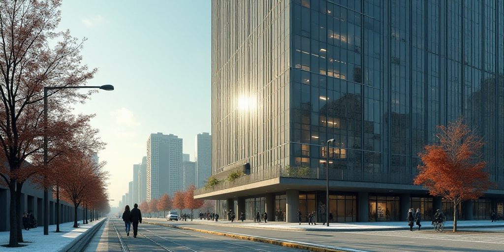 a couple of people walking down a street next to a tall building with a sign on it that says toronto