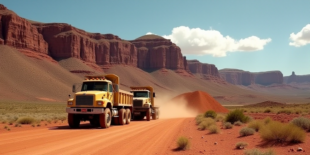 a couple of trucks are parked in front of a mountain side road with a large pile of dirt behind them