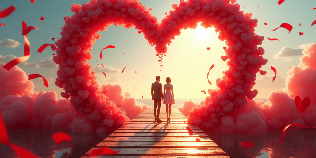 a couple standing on a bridge surrounded by red ribbons and ribbons in the shape of a heart and a ma
