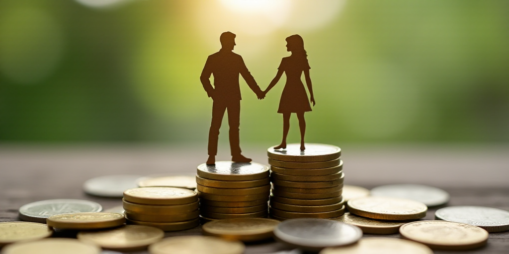 a couple standing on top of a pile of coins with a cutout of them on top of them, Avgust Černigoj,