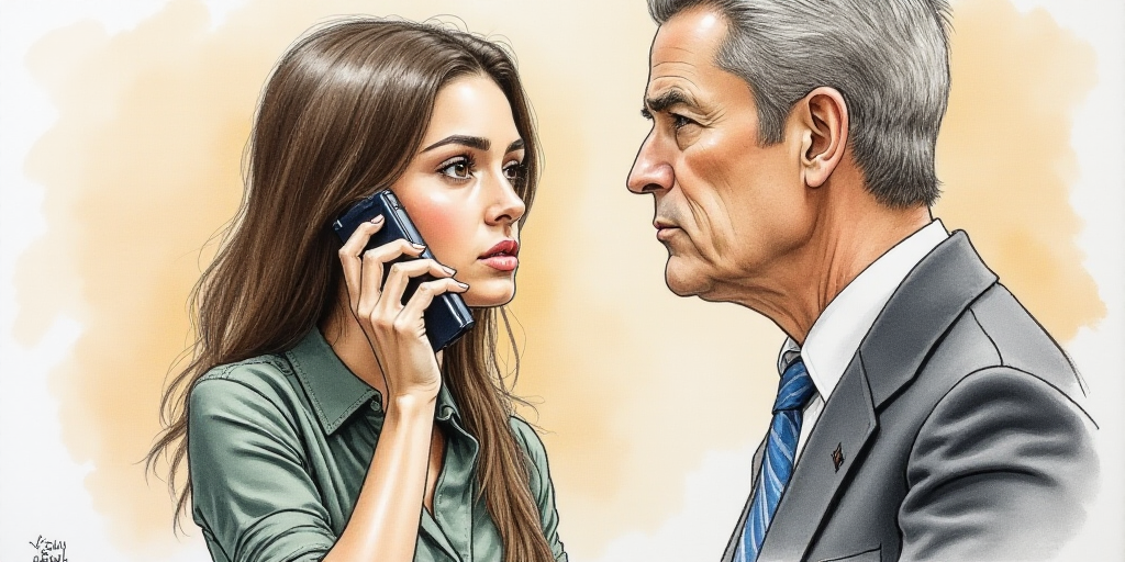 a courtroom drawing of a woman holding a cell phone to her ear and a man in the background looking a