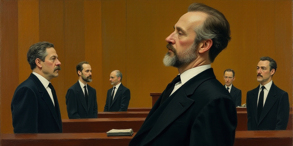a courtroom scene with a courtroom scene of a man in a suit and tie and other men in suits, Clyfford