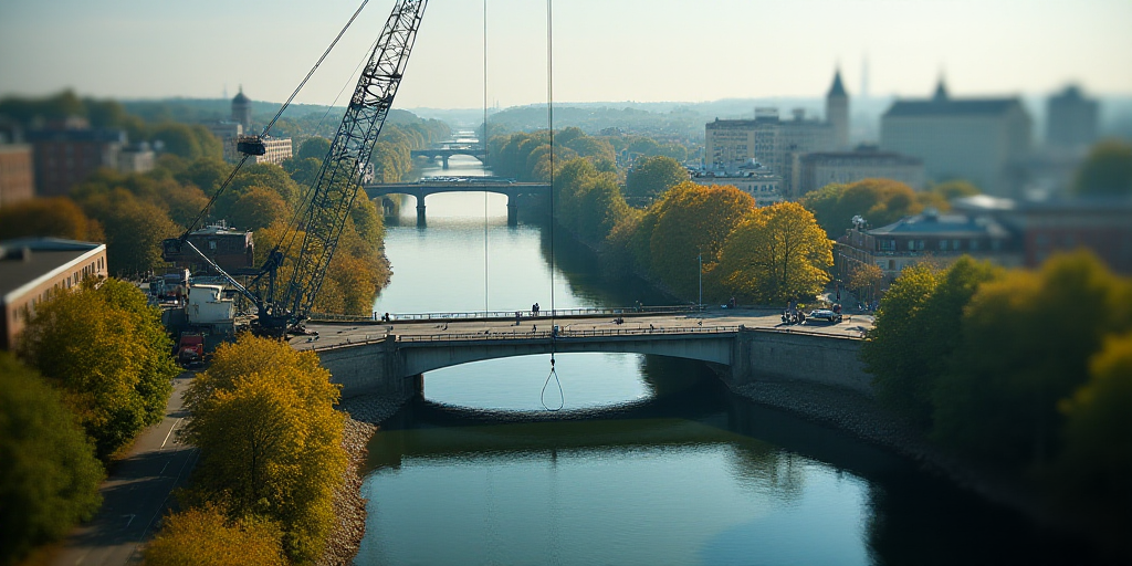 a crane is lifting a bridge over a river in a city area with trees and a bridge in the background, D