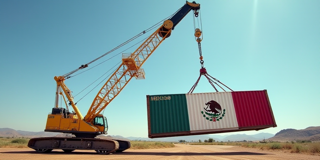 a crane is lifting a container with the flag of mexico on it to be lifted by a crane in the air, Aqu