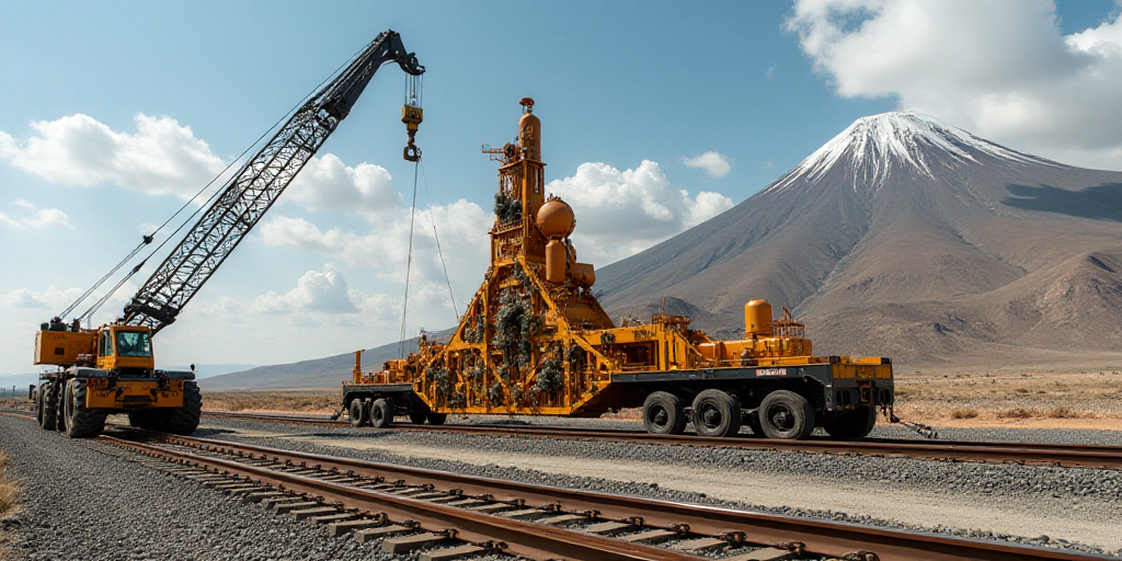 a crane is lifting a large piece of art on a rail road track near a construction site with a mountai