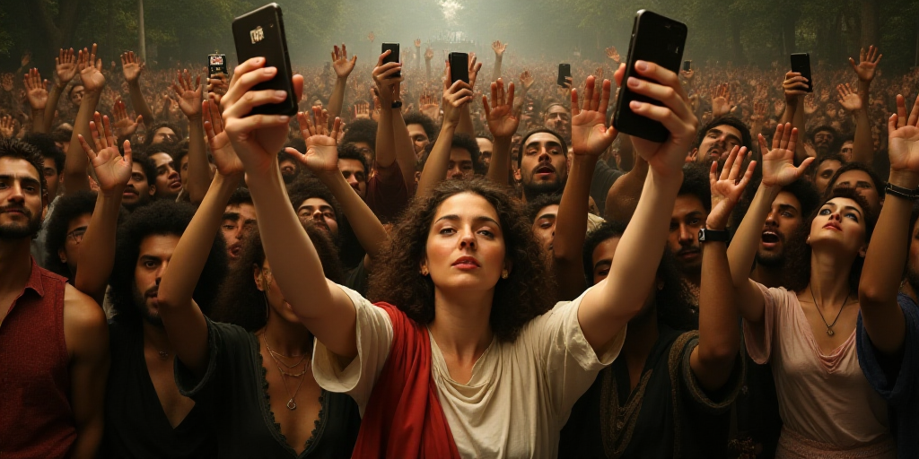 a crowd of people are holding up their cell phones and waving at the camera woman in the middle of t