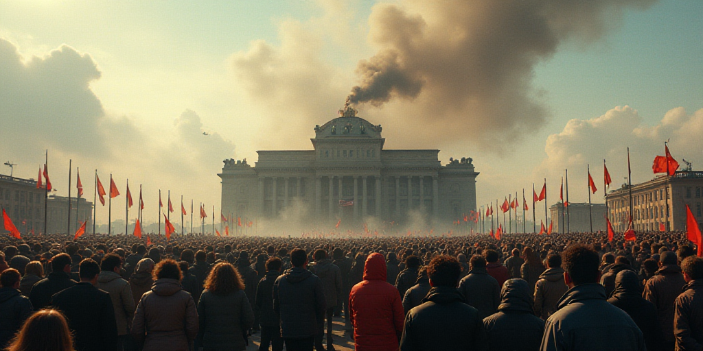 a crowd of people standing around a building with smoke coming out of the top of it and flags flying