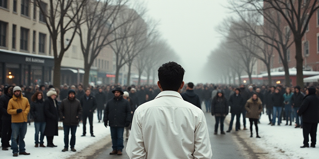a crowd of people standing in a street next to a building and trees and a man in a white shirt, Estu