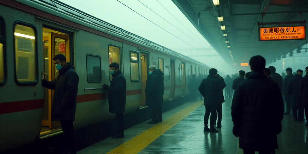 a crowd of people standing on a train platform next to a train with its doors open and people standi