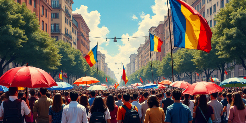 a crowd of people with flags and umbrellas in a city street, some holding flags and a large flag, Ed