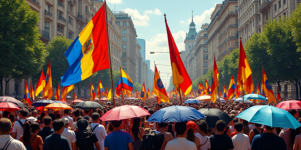 a crowd of people with flags and umbrellas in a city street, some holding flags and a large flag, Ed